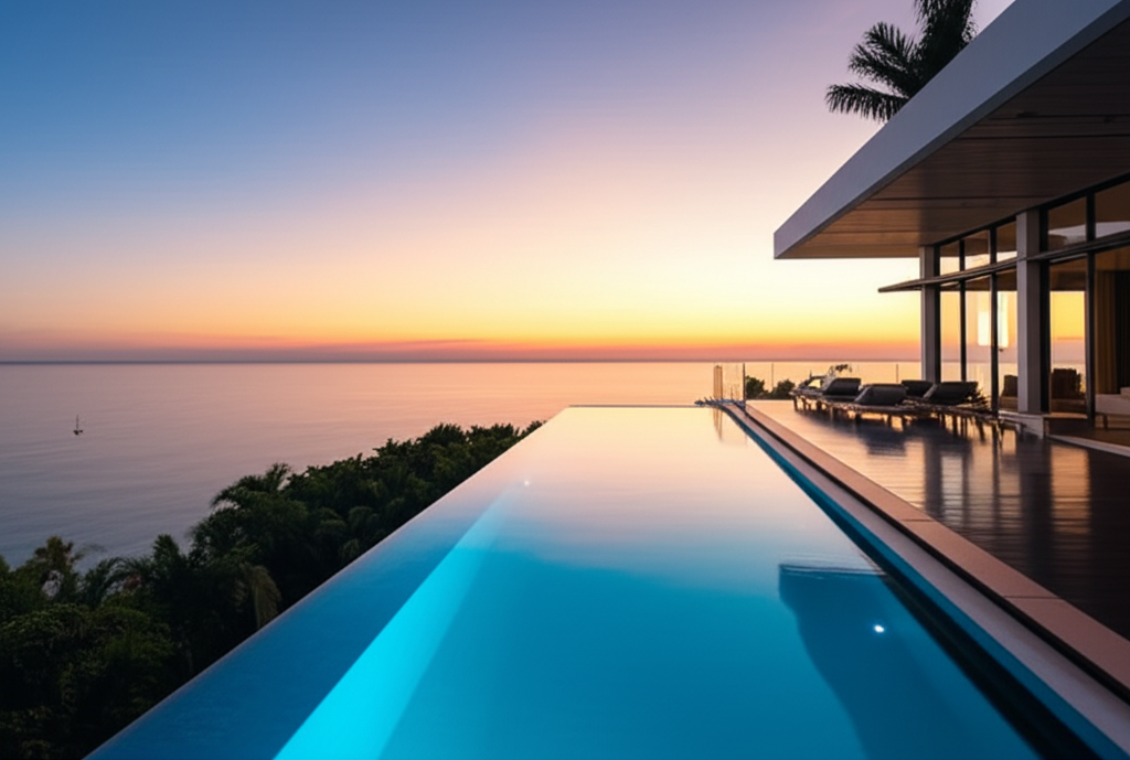Luxury villa with infinity pool at sunset
